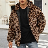 voordelige Herenjacks &amp; jassen-Voor heren Winterjack Jas van imitatiebont Dagelijks Vakantie Thermisch Warm Fleece Herfst Winter Luipaard Modieus Streetwear Capuchon Normaal Imitatiebont Geel Jacks