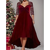 abordables Robe de cocktail-Robe à sequins grande taille pour femmes Couleur unie Col en V Manches 3/4 Printemps Automne Élégante Robe midi Fête Invité de mariage