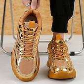 economico Sneakers Casual-Sneakers da uomo color oro metallizzato con suola spessa e finitura riflettente, scarpe da corsa alla moda con lacci per abbigliamento streetwear, da festa e casual