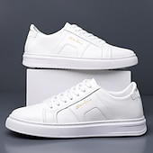 abordables Zapatillas Informales-Zapatillas casuales de piel sintética blanca para hombre con panel de acento marrón y diseño con cordones, zapatos de calle cómodos para atuendos urbanos y deportivos diarios.