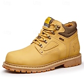 cheap Work Boots-Men's Yellow Faux Leather Work Safety Boots with Shock-Absorbing Sole and Steel-Toe Protection, Durable Construction Boots for Outdoor Labor and Industrial Work