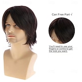 billige Herreparykker-Korte, rett, brune parykker for menn naturlig syntetisk hår med sidedeler
