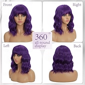 economico Parrucche trendy sintetiche-parrucche viola scuro con frangia per donne parrucche bob corte e ondulate da 14 pollici, parrucca bob sintetica, parrucca riccia resistente al calore, parrucca ondulata colorata, parrucche cosplay