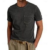 billiga grundläggande t-shirts-Herr T-shirt Tvätta skjorta i 100 % bomull Kortärmad Rund hals Sommar Vår Alla årstider Ensfärgat Elegant Vintage Neutral Ficka Crewneck Urblekt Ledigt Hem Utomhus Ljusblå Aprikos Svart Topp t-shirt