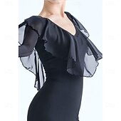 Χαμηλού Κόστους Πρότυπη Αίθουσα Χορού-Γυναικείο φόρεμα χορού ballroom με μακριά μανίκια, mesh βαλς, τάνγκο, λάτιν φόρεμα προπόνησης, διαγωνισμού, βολάν, κομψή, ρέουσα φούστα – μαύρο