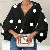economico Arte &amp; Design Bluse-Per donna Blusa Arricciato A Pois Elegante Moderno Manica Lunga Manica a Palloncino Scollo a V Top Regolari Quotidiano Ferie Uscire Nero Rosso Blu marino Verde Albicocca Autunno Inverno