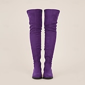 abordables Bottes à la mode-bottes en faux daim violet au-dessus du genou pour femmes – bottes hautes extensibles à talon plat et à la mode pour l'automne et l'hiver