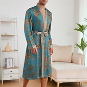 abordables Robes de Chambre-Homme Pyjamas Robe en soie Vêtements de Nuit Robe de bain 1 Pièce Impressions Graphiques Mode Élégant Classique Quotidien Maison Lit Polyester Confort Doux Col en V manche longue Ceinture Incluse