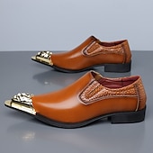 billige Loafers-Brune slip-on pensko i kunstskinn med metalltåhette til herre, elegante fest- og forretningssko