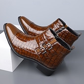 Недорогие Платье ботинки-Мужские коричневые ботинки с двойной пряжкой, верх с тиснением под крокодиловую кожу, стильный формальный дизайн для деловых встреч, свадеб и особых случаев.