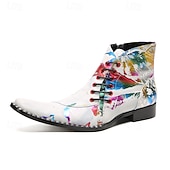abordables Botas de cuero de primera calidad-Botines de piel con efecto salpicado de pintura blanca para hombre, con cordones en la parte delantera y punta puntiaguda, botas artísticas de piel de vaca de moda para escenarios, clubes y fiestas.