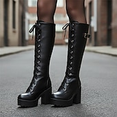 voordelige Platformlaarzen-Zwarte platform veterschoenen voor dames tot aan de knie met dikke hakken en gespdetail – gothic of punkstijl voor herfst en winter