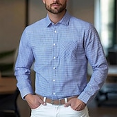 cheap Men's Dress Shirts-Men's Shirt Dress Shirt Button Up Shirt Plaid Wedding Daily Blue Sky Blue Dark Blue Long Sleeve Turndown Spring Fall Clothing Apparel Front Pocket