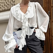 economico Bluse Eleganti-Per donna Elegant Top in raso Blusa Top in chiffon Arricciato Volant Patchwork Tinta unica Elegante Casual Spiaggia Manica Lunga Scollo a V Top Regolari Quotidiano Ferie Uscire Bianco Vino Primavera