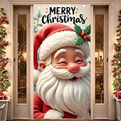 Christmas Door Cover Merry Christmas Holiday Decoration Drapes with Santa Claus Holly Leaves and Red Berries Print for Home Entryway Living Room Bedroom Indoor Outdoor Festive Seasonal Decor4