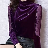 Dame Fløyel Bluse Dressy topper عادي Elegant Årgang damer Halvlange ermer Høyhalset Vanlige topper Arbeid Daglig Ferie Rynket Perler Netting Svart Rød Blå Lilla Høst Vinter billige Dressy topper-Dame Fløyel Bluse Dressy topper عادي Elegant Årgang damer Halvlange ermer Høyhalset Vanlige topper Arbeid Daglig Ferie Rynket Perler Netting Svart Rød Blå Lilla Høst Vinter