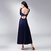economico Abbigliamento da Competizione-abito da ballo da sala da donna blu navy elegante a maniche lunghe in rete con scollo incrociato, abito da competizione per valzer, foxtrot e tango