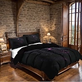 abordables Ensembles de housse de couette-Parure de lit 3 pièces en duvet motif dragon noir et violet pour grand lit, housse de couette en peluche courte douce avec 2 taies d'oreiller – Literie de chambre d'hôtel, confortable &amp; confortable
