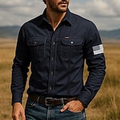 preiswerte Westernhemden für Herren-Herren Amerikanische US-Flagge Patriotisch Arbeitshemd Westernhemd Cargohemd Langarm Taktisch Vintage-Retro Sport im Freien Arbeitskleidung Frühling Herbst Umlegekragen Zwei Fronttaschen Hemden mit