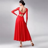 economico Abbigliamento da Competizione-abito da ballo da sala da donna blu navy elegante a maniche lunghe in rete con scollo incrociato, abito da competizione per valzer, foxtrot e tango