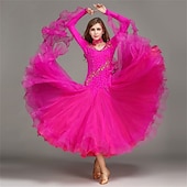 Недорогие Стандартный бальный зал-женское платье для бальных танцев, розовое, с цветочным принтом и стразами, многослойное, элегантное, для выступлений в стиле вальс-фокстрот