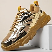 economico Sneakers Casual-Sneakers da uomo color oro metallizzato con suola spessa e finitura riflettente, scarpe da corsa alla moda con lacci per abbigliamento streetwear, da festa e casual