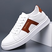 abordables Zapatillas Informales-Zapatillas casuales de piel sintética blanca para hombre con panel de acento marrón y diseño con cordones, zapatos de calle cómodos para atuendos urbanos y deportivos diarios.