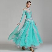 economico Abbigliamento da Competizione-abito da ballo da sala da donna, elegante, con volant, strass, spalle scoperte, abito da competizione per valzer, foxtrot, tango – verde menta