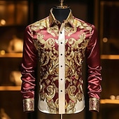 preiswerte Herren Satin Hemd-Herren Blumendruck Ethnisch Barock- Hemd Satinhemd Kleidhemd Langarm Vintage-Retro Urlaub Alltagskleidung Sommer Frühling Herbst Umlegekragen 3D-Druck Hemden mit Knopfleiste Schwarz Burgunderrot