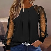 economico Bluse Semplici-Per donna Top con cuciture in pizzo Blusa Arricciato Pizzo Patchwork Semplice Elegante Manica Lunga Girocollo Top Regolari Quotidiano Ferie Uscire Nero Autunno Inverno