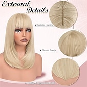 Недорогие Парик из искусственных волос без шапочки-основы-Парики из светлых волос боб с челкой, длиной до плеч, прямые, естественно выглядящие, синтетические, термостойкие, средние, для женщин, на каждый день, для вечеринок, 16 дюймов, платиновый блонд