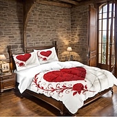 cheap Duvet Cover Sets-Heart Rose Print 3-Piece Down Duvet Cover Set for Large Bed, Soft Short Fluffy Comforter Cover with 2 Pillowcases – Hotel &amp; Guest Room Bedding, Cozy &amp; Comfortable