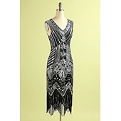 abordables Vestidos de los años 20-Conjunto Rugido 20s 1920s Hasta la Rodilla Vestido Flapper Vestido Cóctel Disfraz de lujo con accesorios Sin Mangas El gran Gatsby Chica de la aleta Lentejuelas Borlas Escote en Pico Disfraz Mujer