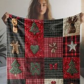 cheap Christmas Bedding-Vintage Plaid Christmas Digital Print Blanket with Gingerbread, Bow, Christmas Tree &amp; Floral Patterns, Cozy Flannel Throw