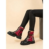 Недорогие Женские ботинки-Модные армейские ботинки на массивном каблуке с цепочкой в форме сердца – бордовые и черные