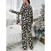 baratos Pijamas de Natal-Conjunto de Pijamas de Natal Feminino com Boneco de Neve e Árvore de Natal Confortável Gráfico do Pai Natal Cintura Elástica Camiseta Calça Férias em Casa Manga Longa Gola Redonda Rosa Vinho Vermelho