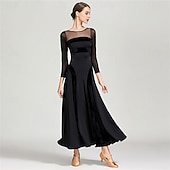 economico Sala da Ballo Standard-abito da ballo da sala con maniche trasparenti per donna - abito a trapezio con maniche lunghe e dettagli in velluto per competizioni, eventi di ballo latino e danza - nero