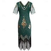 economico Abiti degli anni '20-Set Anni Ruggenti Anni 1920 Midi Abito Flapper Abito da cocktail Costume di fantasia con accessori Maniche corte Il grande Gatsby Ragazza Flapper Paillettes Frangia con nappe Scollo a V Costume Per