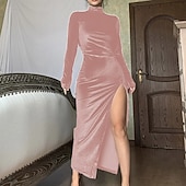 Damen Midikleid Partykleid Cocktailkleid Satinkleid Elegantes Kleid Mode Modern Party Abendgesellschaft Normale Passform Einfach Langarm Hoher Ausschnitt Schwarz Rosa Wein Blau Herbst Winter preiswerte abendkleider-Damen Midikleid Partykleid Cocktailkleid Satinkleid Elegantes Kleid Mode Modern Party Abendgesellschaft Normale Passform Einfach Langarm Hoher Ausschnitt Schwarz Rosa Wein Blau Herbst Winter