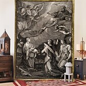 Christmas Hanging Tapestry Nativity Scene with Angel Messenger Printmaking Style Jesus Birth Large Wall Art Mural Decor Blanket Curtain Holiday Home Bedroom Living Room Religious Celebration Decor4