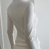 abordables Camiseta lisa-Mujer Blusa Tops elegantes Tops de encaje Tops ajustados Frunce Sayo Ribete de encaje Plano Elegante Vintage damas Manga Larga Escote en Pico Tops regulares Diario Trabajo Festivos Negro Blanco Vino