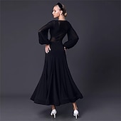 economico Abbigliamento da Competizione-abito da ballo da sala da donna in chiffon nero a maniche lunghe, elegante abito da competizione per valzer, tango, foxtrot