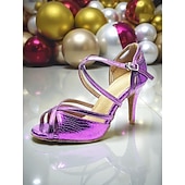 billige 1920-tallet &amp; Gatsby-epoken-Røde metalliske latinske dansesko til dame - profesjonelle ballroom salsa tango sandaler med stroppedesign og høye hæler for konkurranse eller opptreden