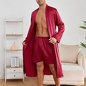preiswerte Morgenröcke-Herren Schlafanzug Seidenrobe Nachtwäsche Schlafanzug Set Einfach Mode Stilvoll Klassisch Heim Täglich Bett Polyester Komfort Weich V Ausschnitt Langarm Frühling Herbst Champagner Wein
