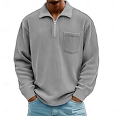 billige Klassisk poloskjorte for menn-Herre Kordfløyel skjorte Med Tekstur Feriereise Gate Quarter Zip Langermet Mote Grunnleggende Helfarge Lomme Høst Vår &amp; Vinter Normal Svart Hvit Navyblå Lilla Kakifarget Militærgrønn Kordfløyel