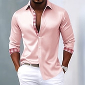 abordables Camisa de Satén para Hombre-Hombre Cuadrícula / Cuadros Diseño Geométrico Camisa Camisa de raso Camisa para Vestido Manga Larga Informal de negocios Vacaciones Uso Diario Verano Primavera Otoño Cuello Vuelto Impresión 3D