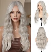 Χαμηλού Κόστους Συνθετικές Trendy Περούκες-μακριά κυματιστή γκρι περούκα με φράντζα κουρτίνας για γυναίκες 26 ιντσών ασημί γκρι συνθετική περούκα φυσικής όψης ανθεκτική στη θερμότητα περούκα από ίνες για καθημερινή χρήση cosplay για πάρτι