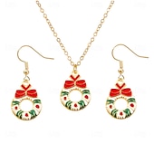 baratos Colar Feminino-conjunto de joias de guirlanda de Natal – colar e brincos vermelhos e verdes com design de laço para mulheres