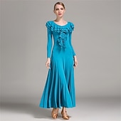 cheap Standard  Ballroom-Elegant Blue Ballroom Dance Dress with Ruffled Neckline and Long Sleeves for Latin and Social Dancing