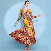 economico Sala da Ballo Standard-abito da ballo da sala con stampa floreale per donna - abito a trapezio con maniche lunghe e accenti gialli per competizioni, latino americani ed eventi di danza - rosso&amp;amp;floreale